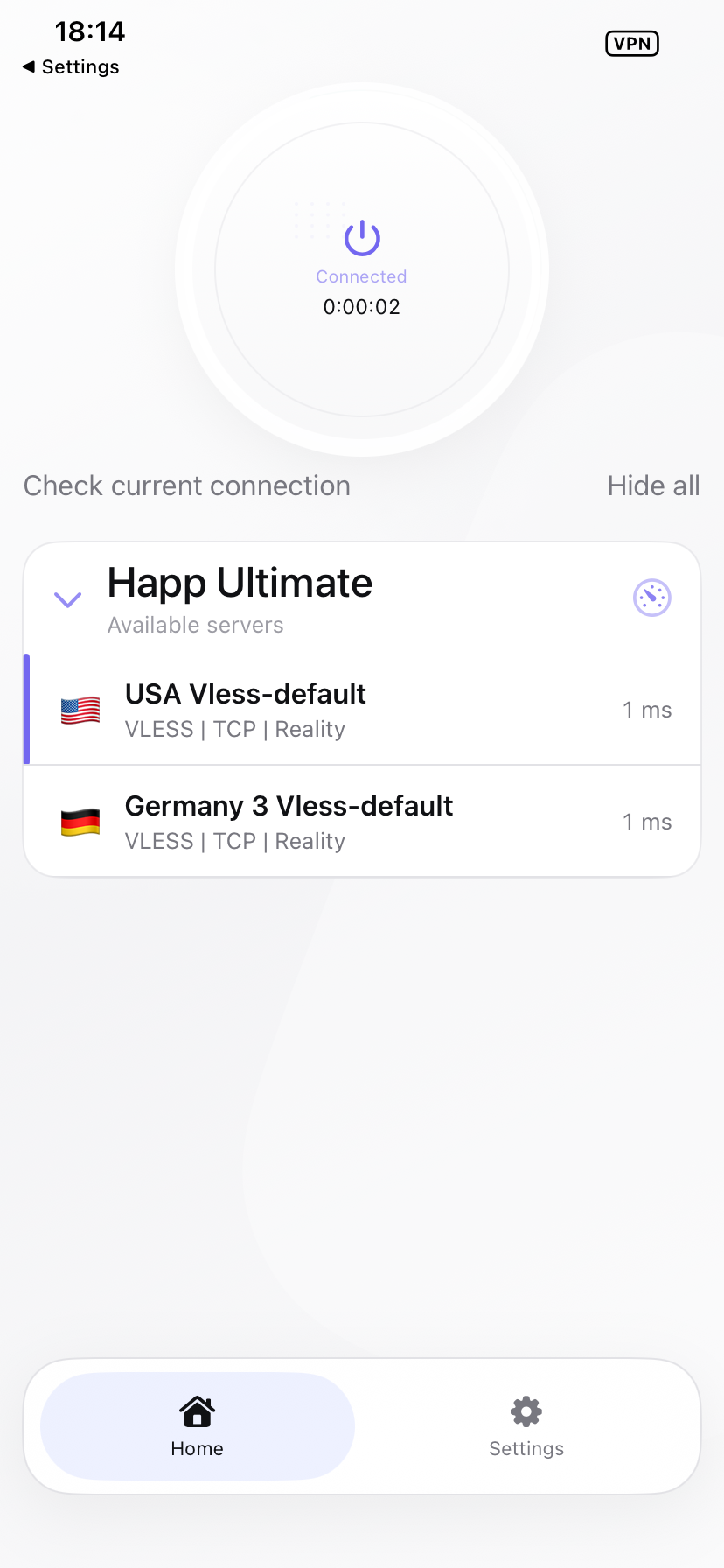 Happ Ultimate connected VPN screen on iPhone